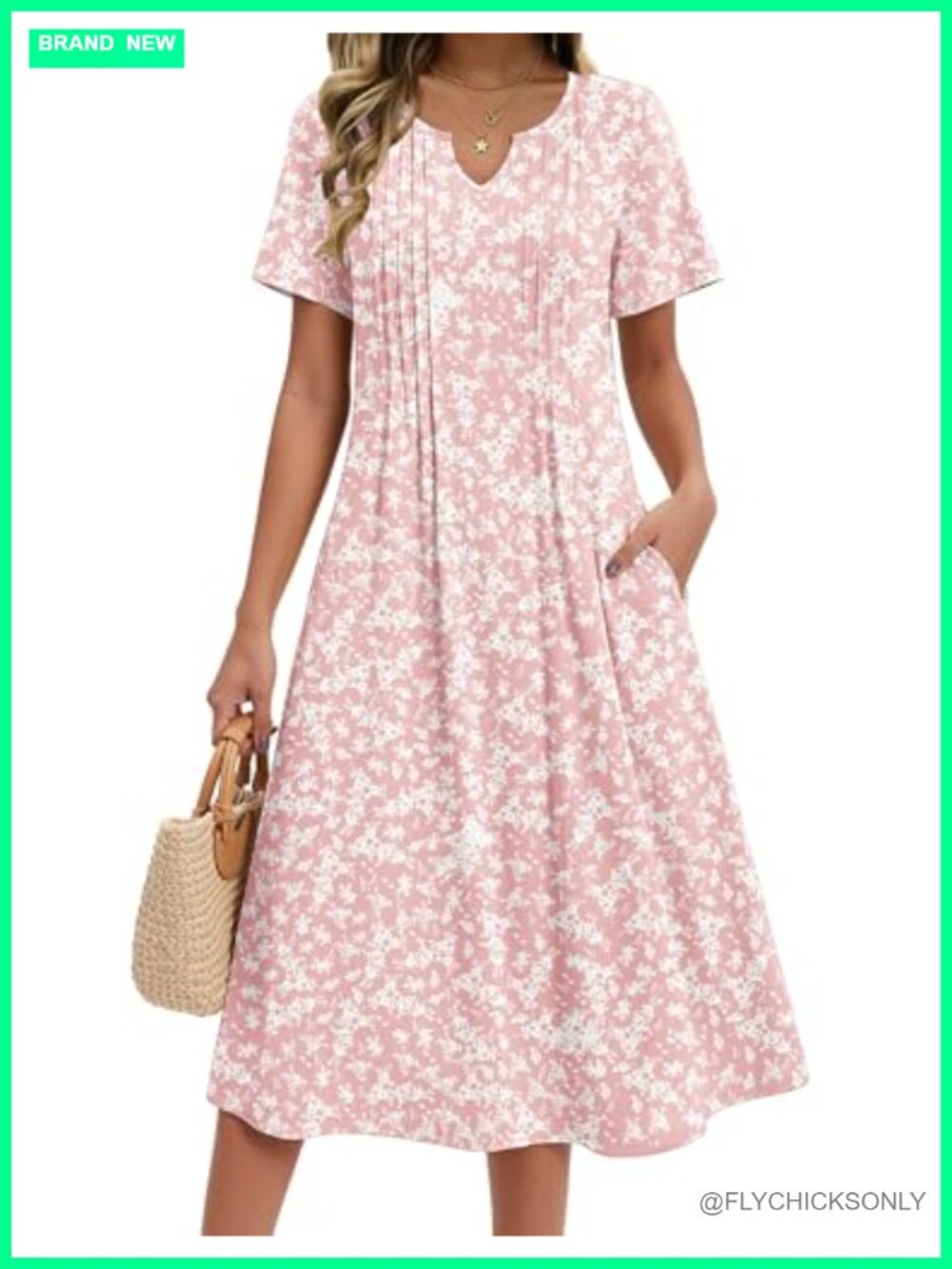 Casual Pleated Midi Dress Short Sleeve with Pockets Flowy A-Line